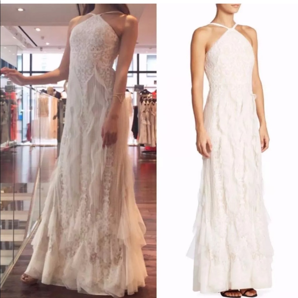BCBG Max Azria White Ruffled Lace Halter Open Back